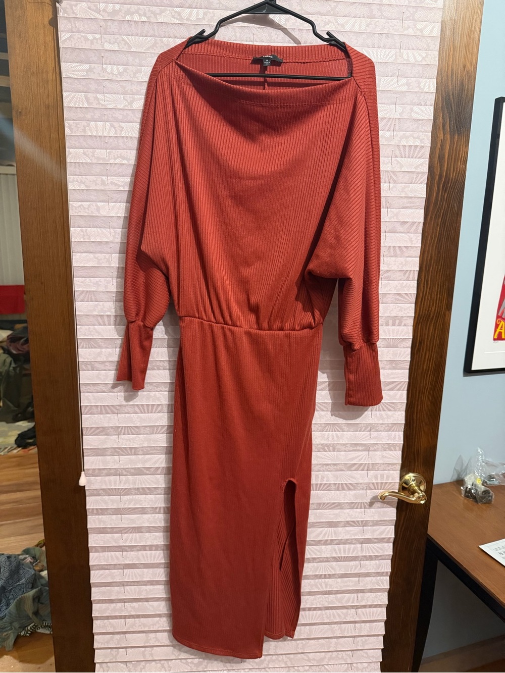 Lulu's Ribbed Long Sleeve Midi Dress in Terracotta Red